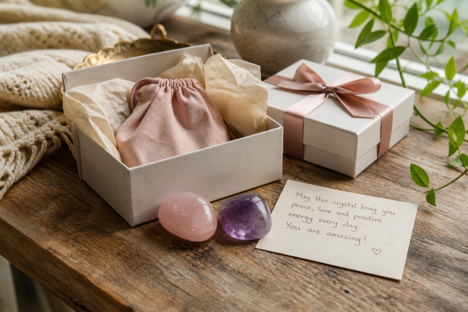Realistic Amethyst and Rose Quartz crystals arranged in a soft home gift-style setting
