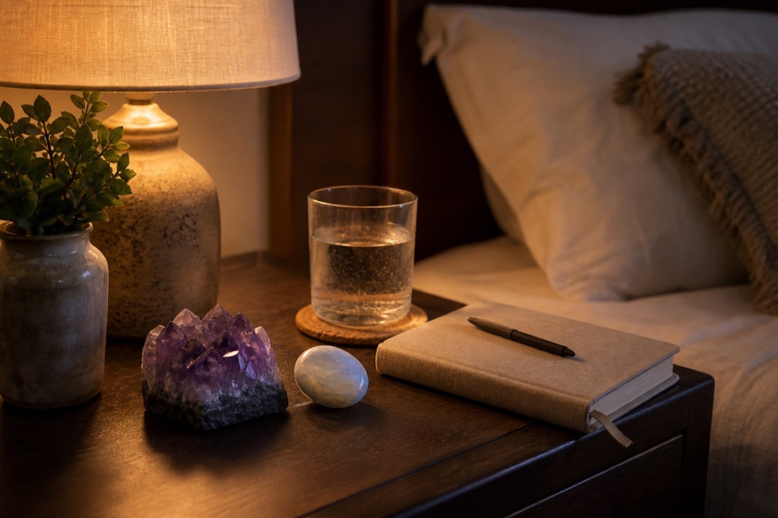 Realistic close-up of nightstand crystals beside book, water glass, and soft lamp light