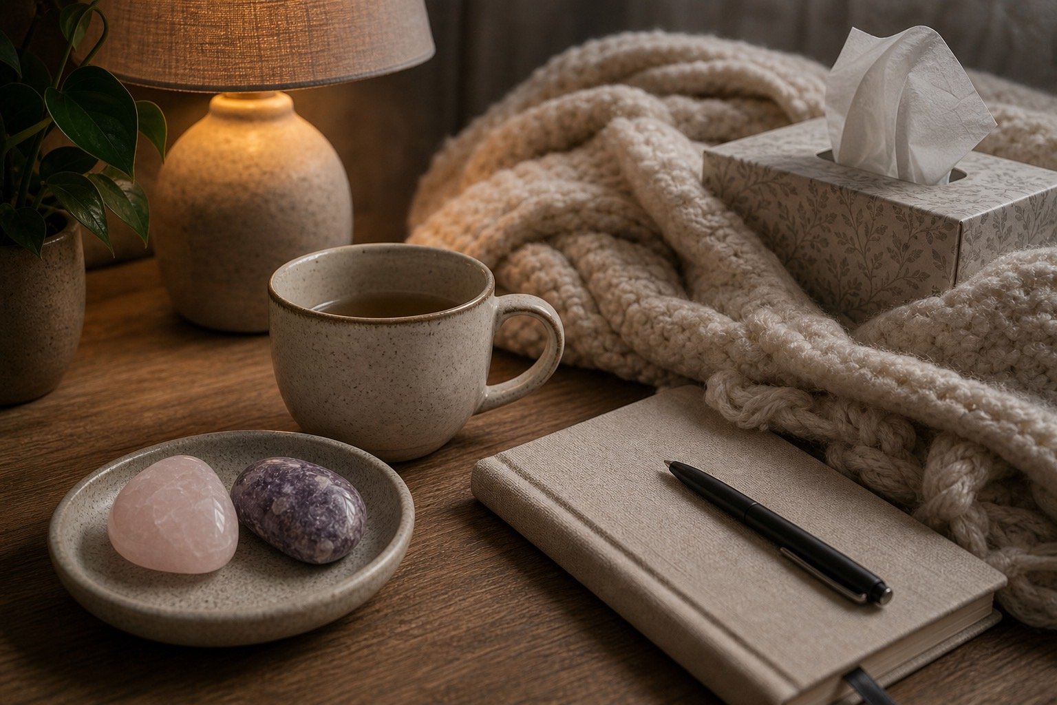 Realistic tray with cleansing crystals and notebook for fresh-start routine
