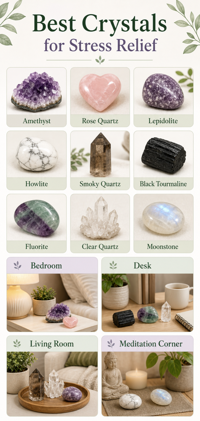 Infographic showing the best crystals for stress relief with home placement ideas for bedroom, desk, living room, and meditation corner