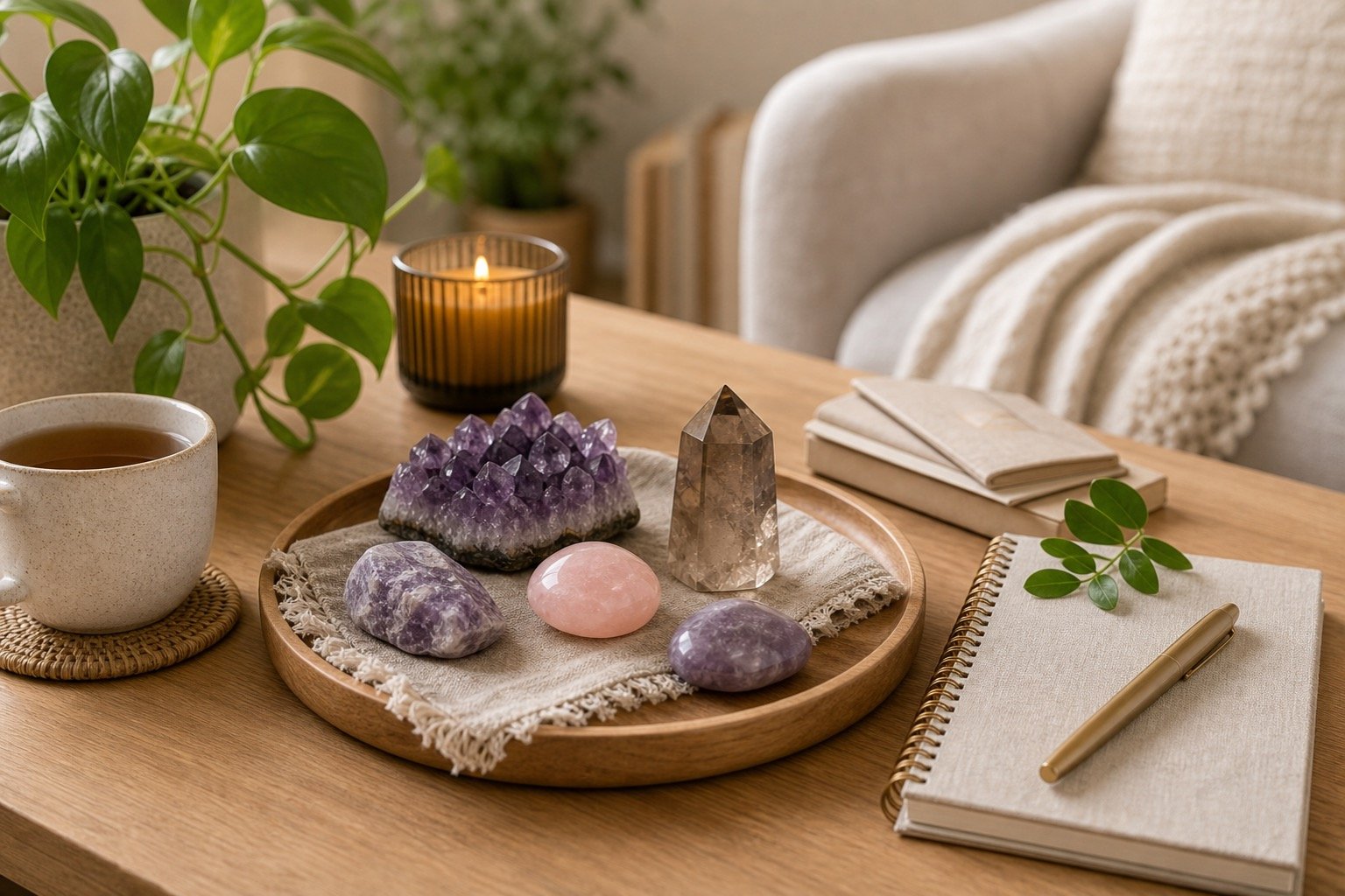 Realistic stress relief crystal setup at home with calming crystals, notebook, and soft natural light