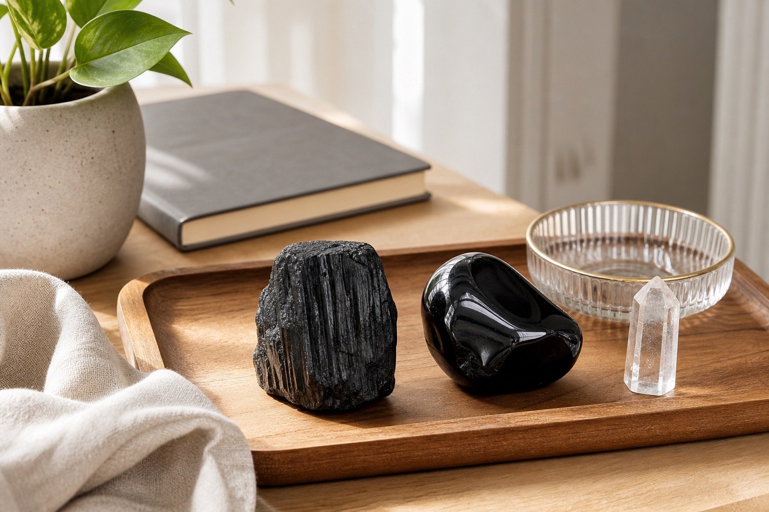 Realistic side-by-side Black Tourmaline and Obsidian setup on a calm home tray
