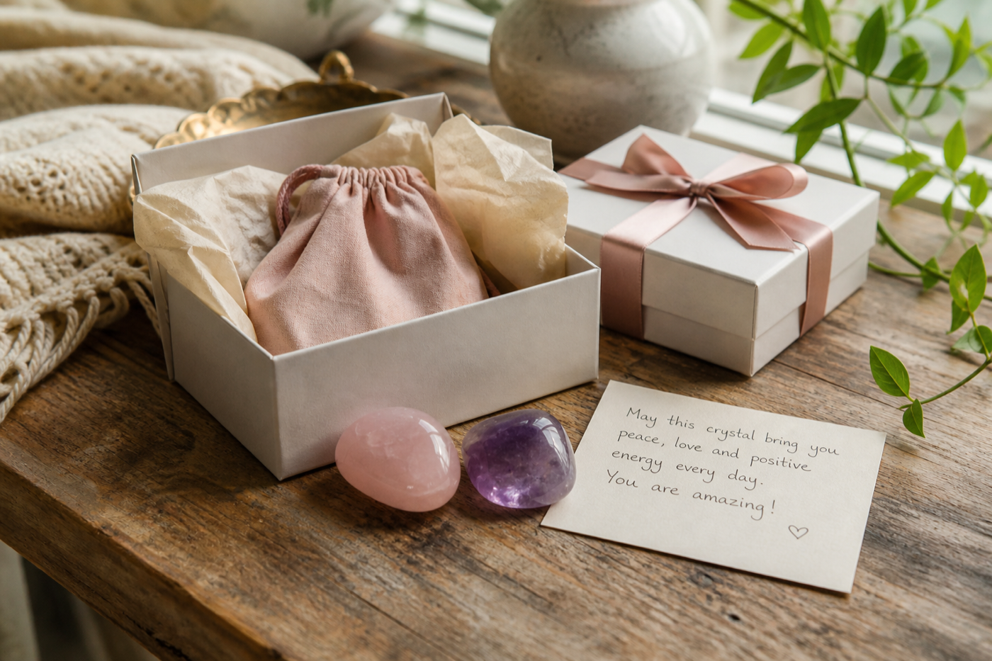 Realistic crystal gift box with rose quartz, amethyst, and a handwritten note on a wooden table