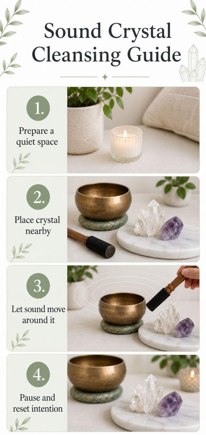 Educational step-by-step guide showing how to cleanse crystals with sound using a quiet space, bowl, vibration, and intention