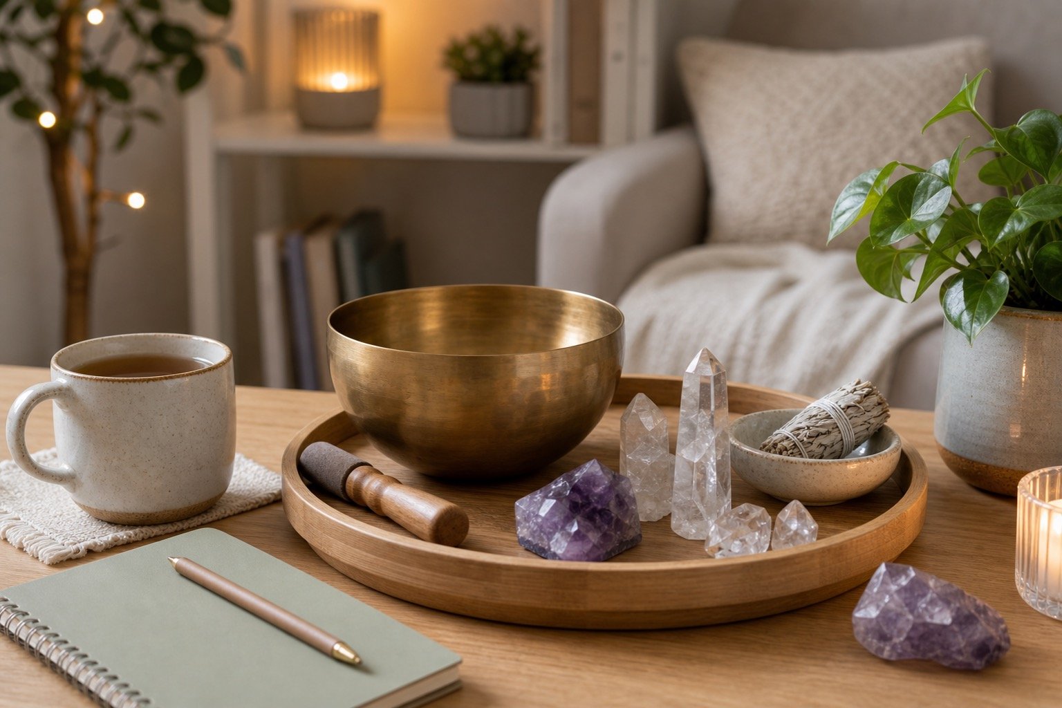 Realistic home setup with singing bowl, crystals, tea, and notebook for sound crystal cleansing