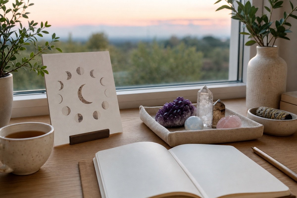 Realistic crystal affirmation desk setup with notebook, tea, and beginner crystals in soft natural light