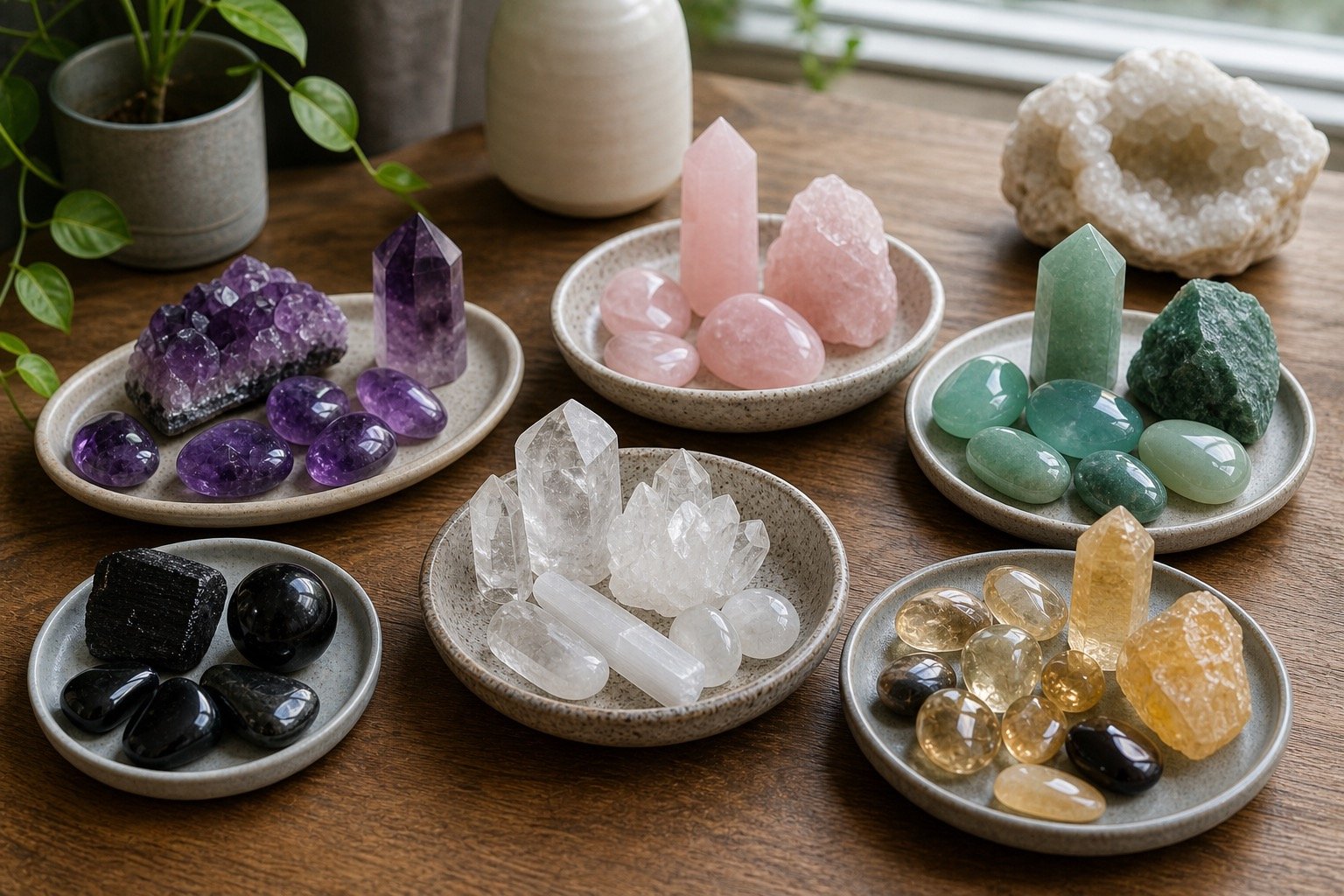 Realistic crystal color guide with grouped stones in purple pink green white and black tones on a tray