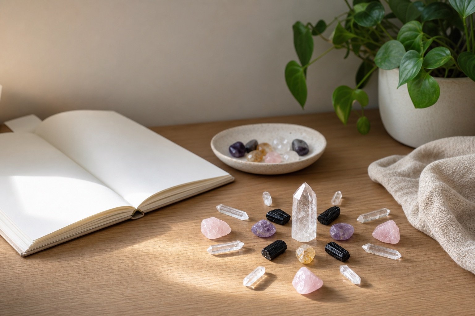 Realistic beginner crystal grid with clear quartz, rose quartz, amethyst, citrine, and notebook on a calm home desk
