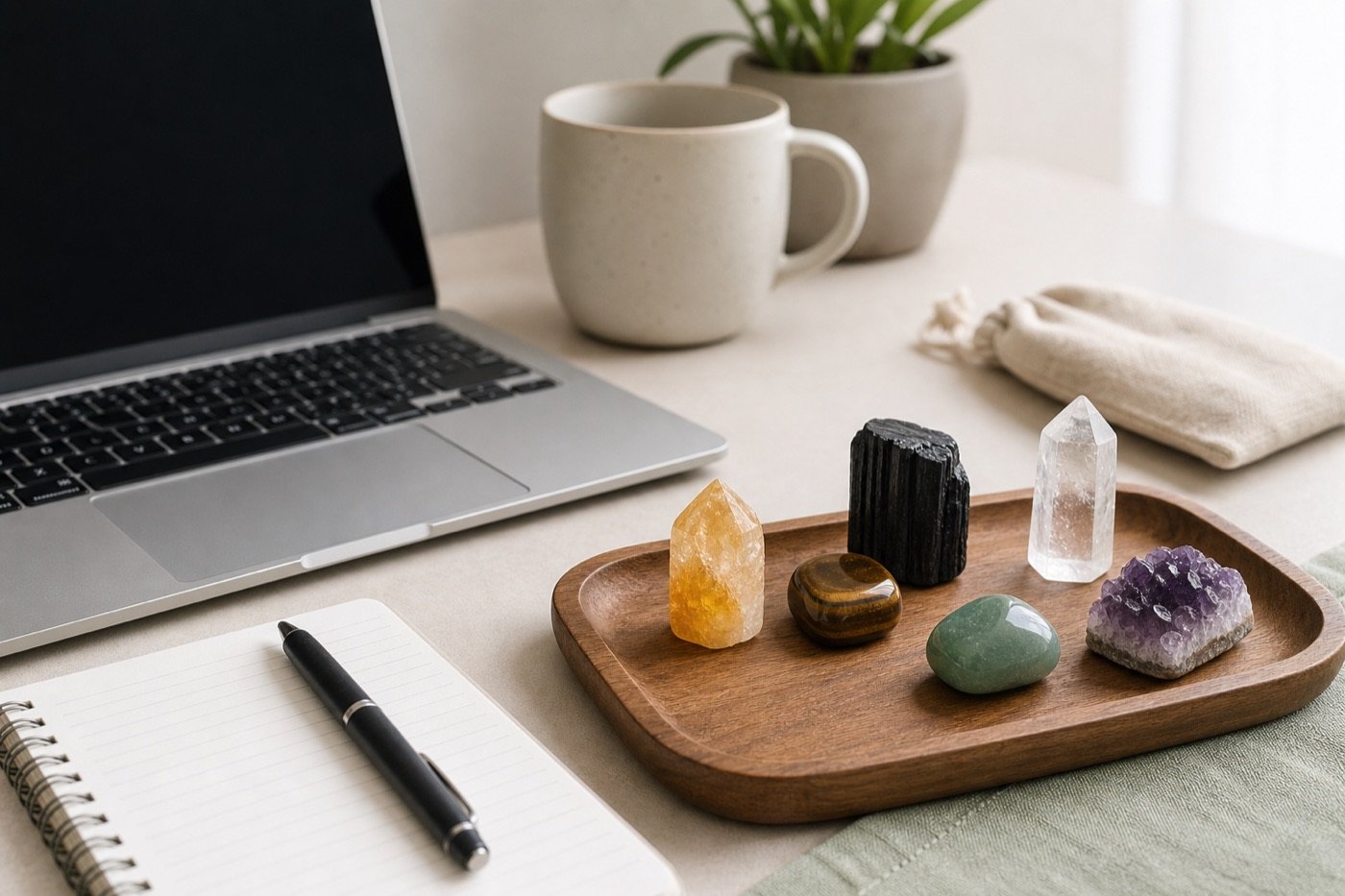 Realistic new job desk setup with laptop, notebook, citrine, tiger eye, black tourmaline, clear quartz, green aventurine, and amethyst