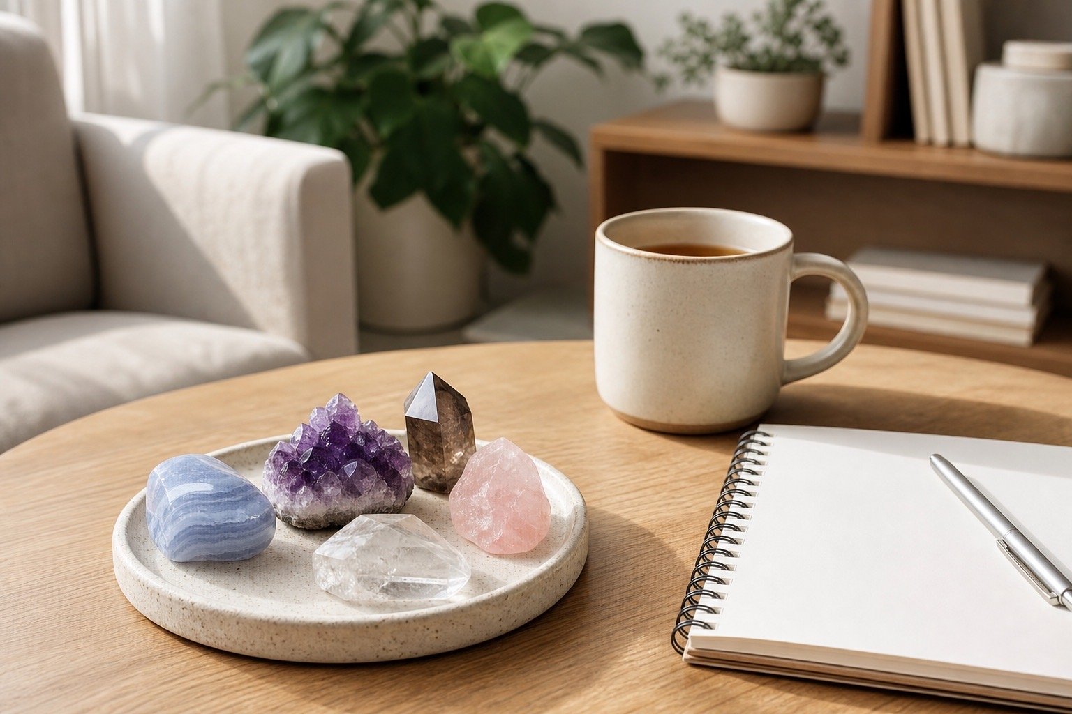 Realistic calming crystal setup with tea, notebook, and soft living room light for anger and frustration reflection