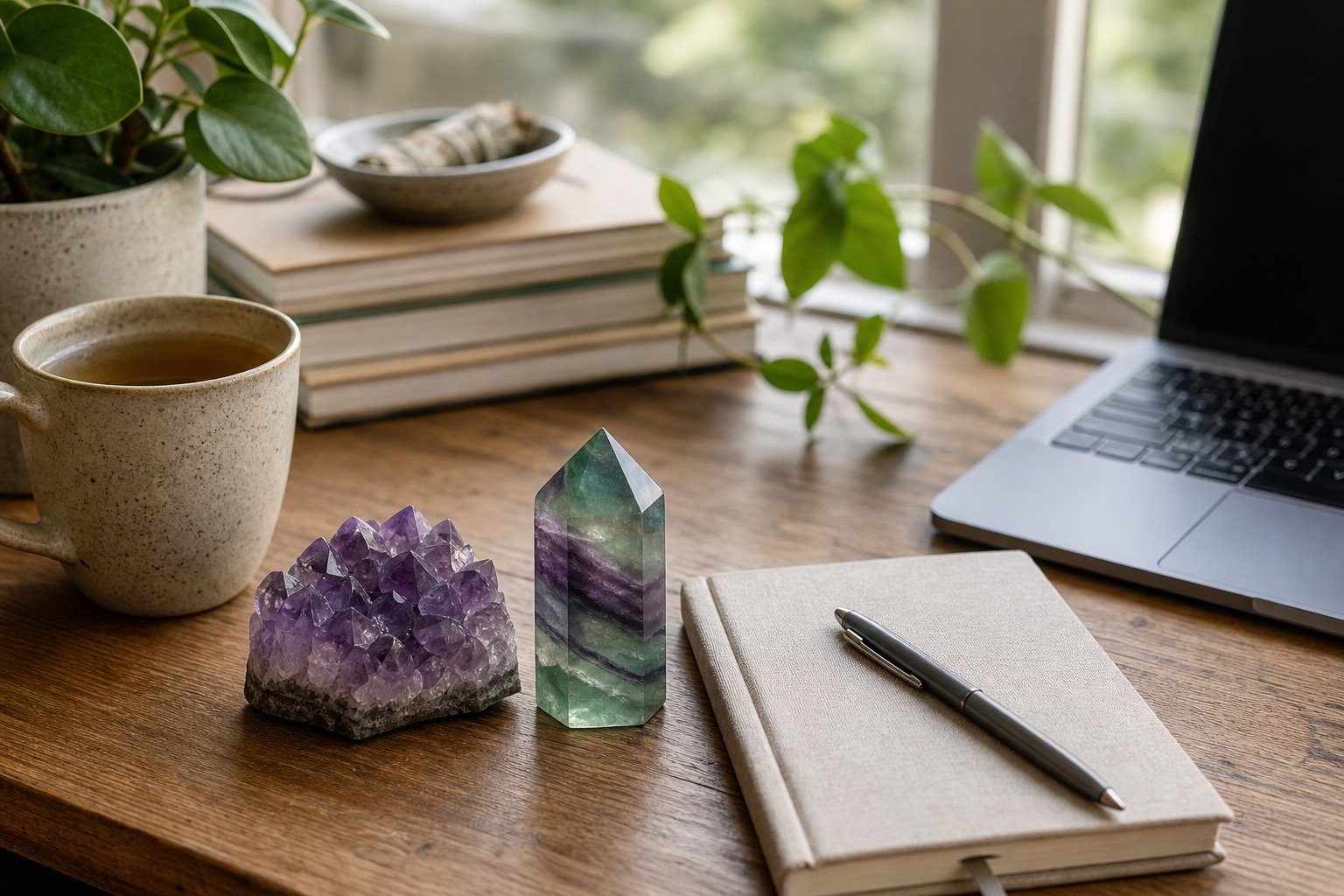 Realistic calm desk scene with fluorite, amethyst, notebook, tea, and soft natural light for a busy minds crystal guide