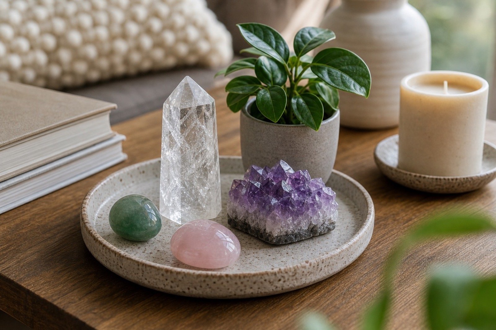 Realistic journal and calming crystals for self-reflection and slower personal growth
