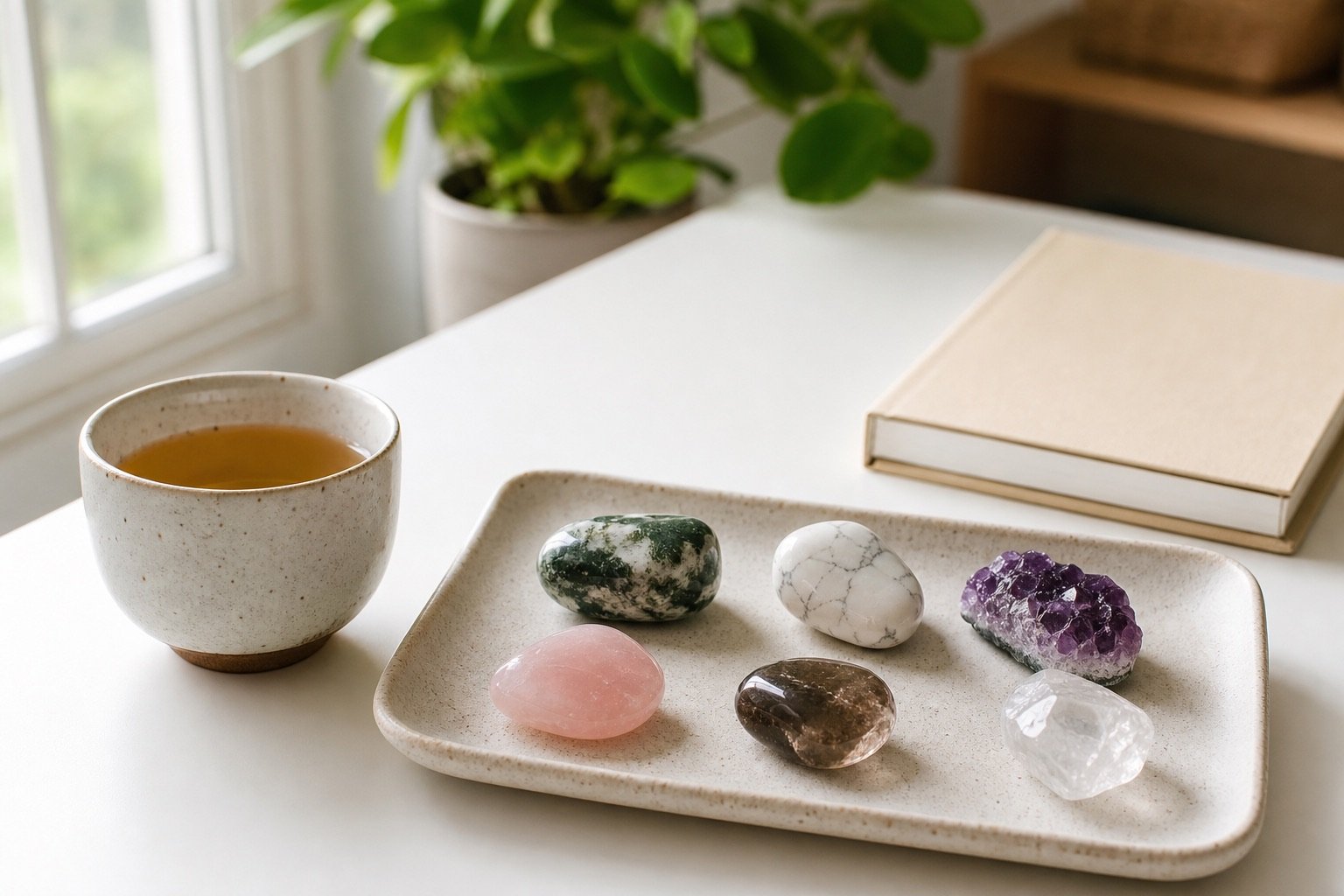 Realistic patience crystal setup with notebook, tea, and calming crystals on a tray