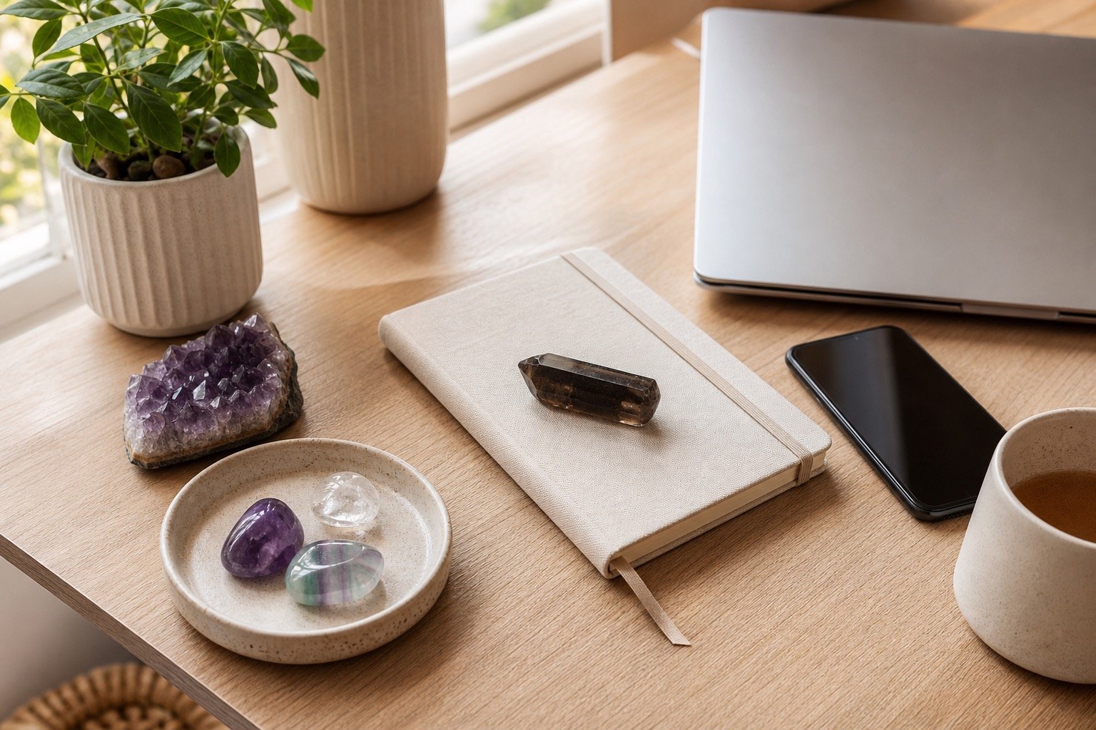 Realistic calm desk setup with crystals, laptop, notebook, and phone placed face down for a digital reset