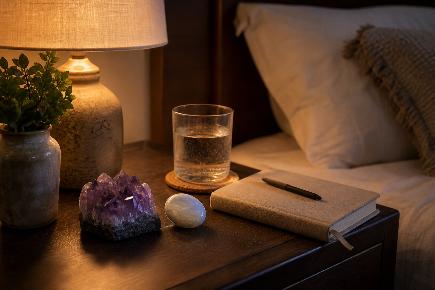 Realistic evening bedside crystal routine with amethyst, moonstone, soft lamp light, and a journal