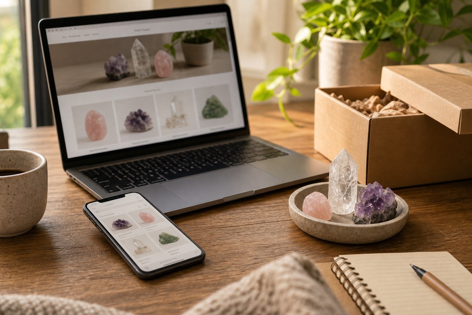 Realistic crystal shopping setup with phone, laptop, crystal tray, and packaging on a wooden desk