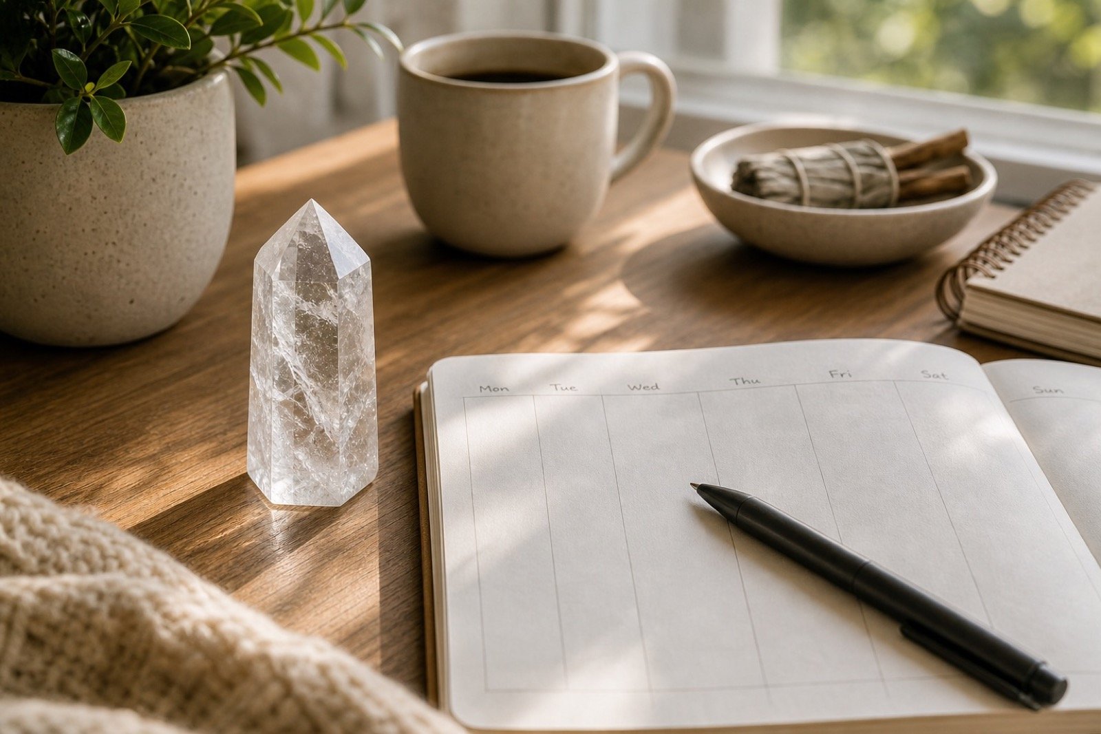 Realistic beginner crystal routine with three crystals arranged for morning day and evening use