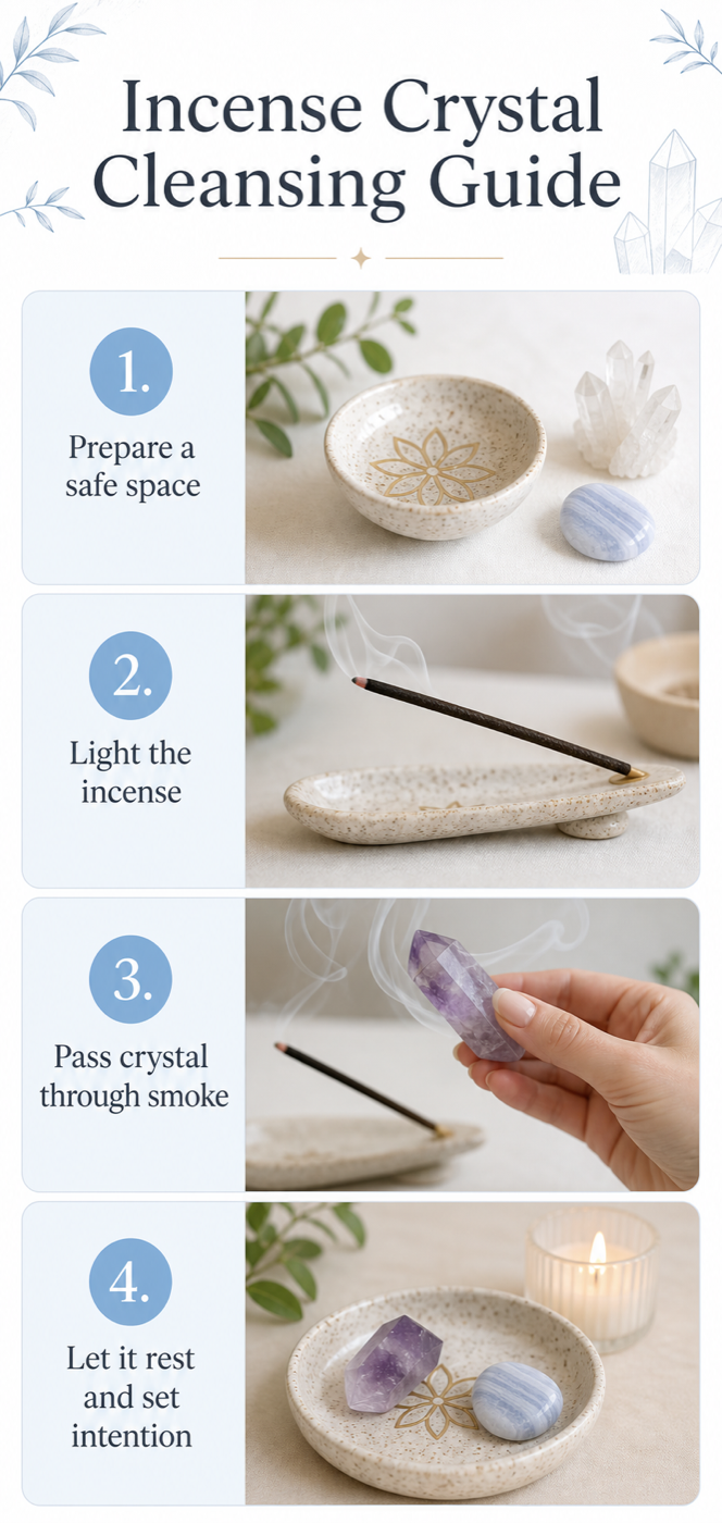 Educational infographic showing four simple steps for cleansing crystals with incense smoke