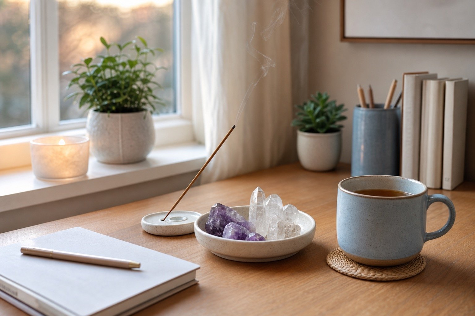 Realistic home desk setup with incense, crystal tray, tea, and notebook for crystal cleansing