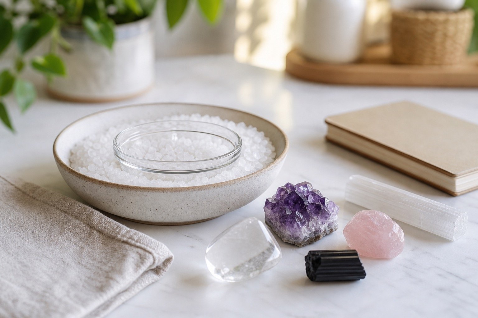 Indirect dry salt crystal cleansing setup with sea salt bowl, glass dish, clear quartz, amethyst, rose quartz, black tourmaline, and selenite
