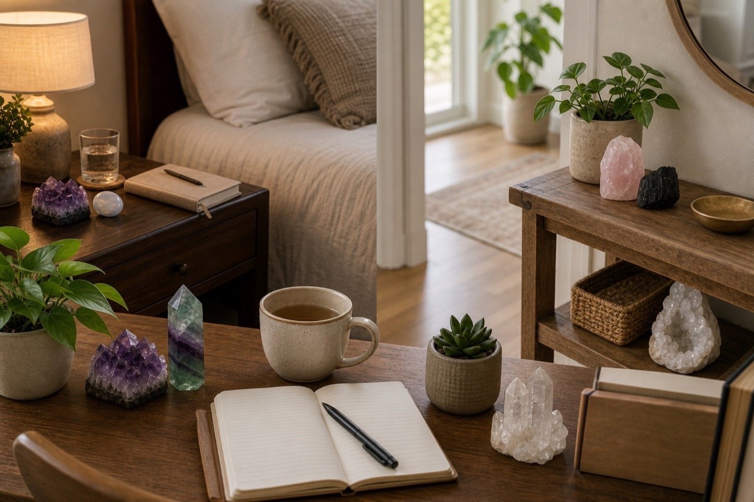 Realistic crystal pause setup with a small stone, notebook, and tea between work tasks