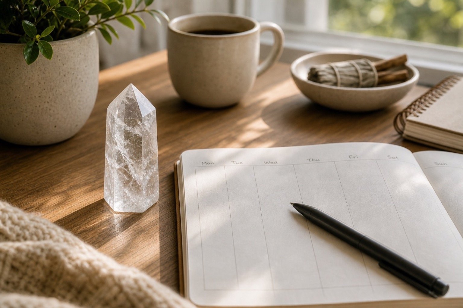 Realistic close-up of a crystal kept in a pouch beside a journal and warm drink