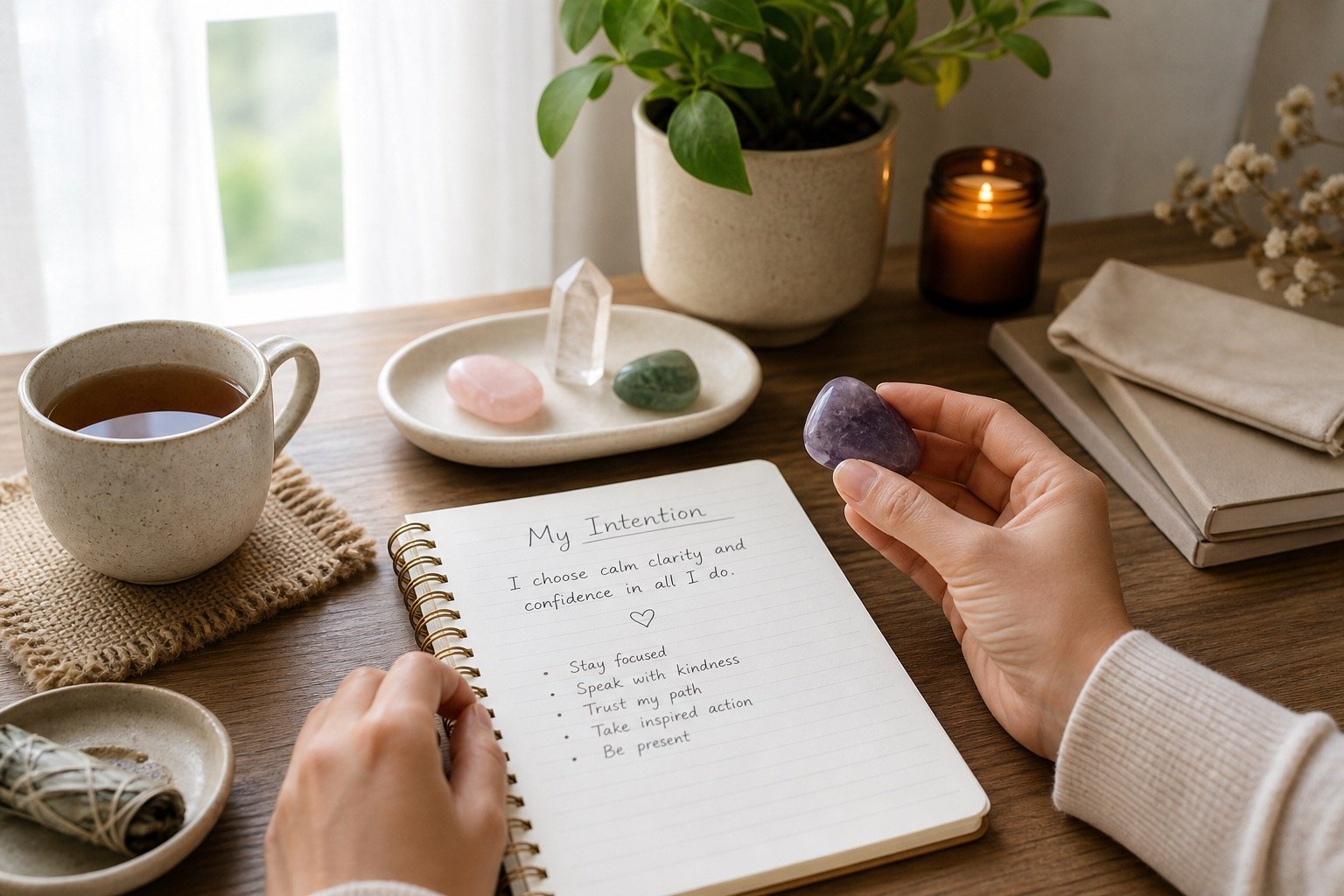Realistic crystal programming setup with notebook, tea, intention page, and crystals on a small tray