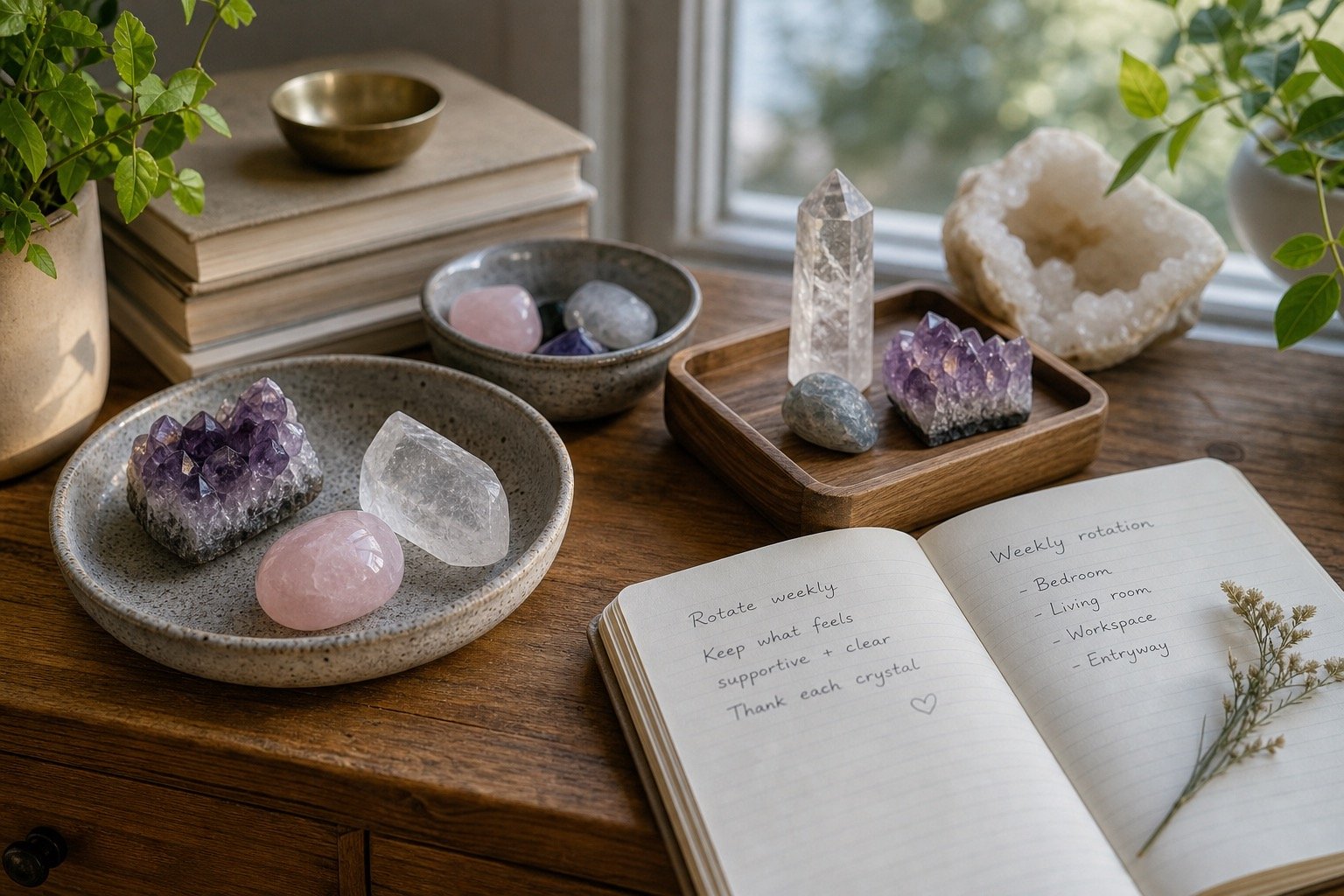Realistic crystal organization setup with trays, labeled bowls, journal, and soft home light