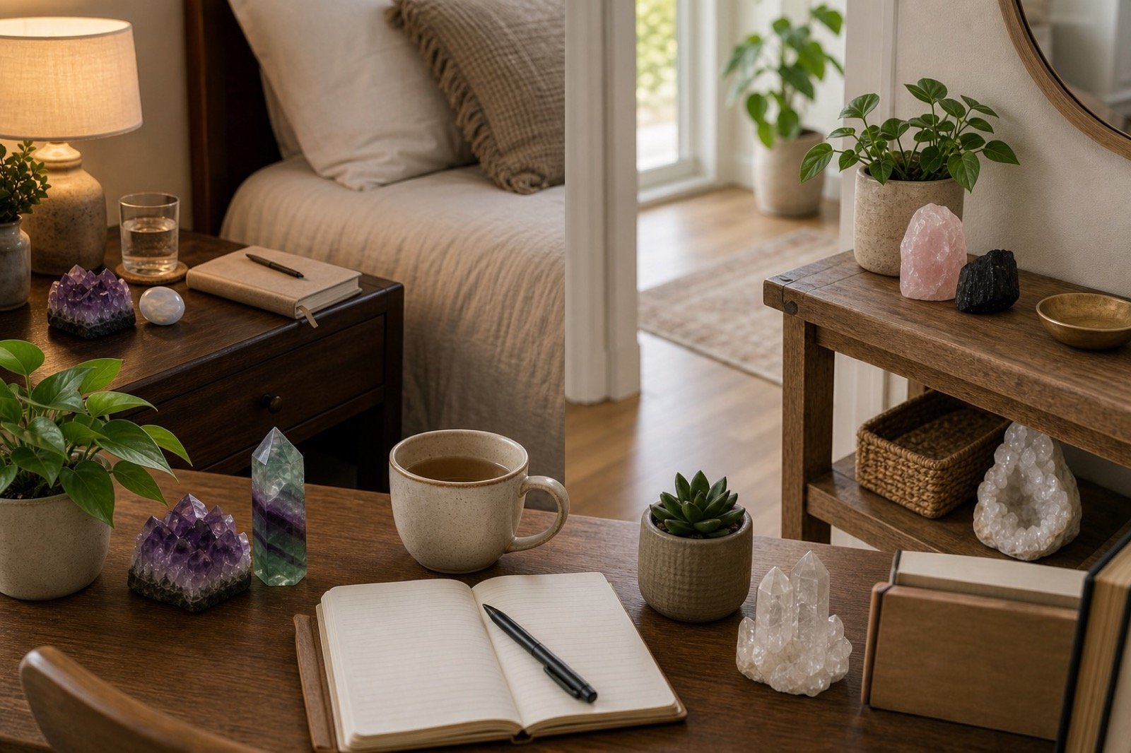 Realistic reading corner with crystals, a soft chair, warm light, and a book