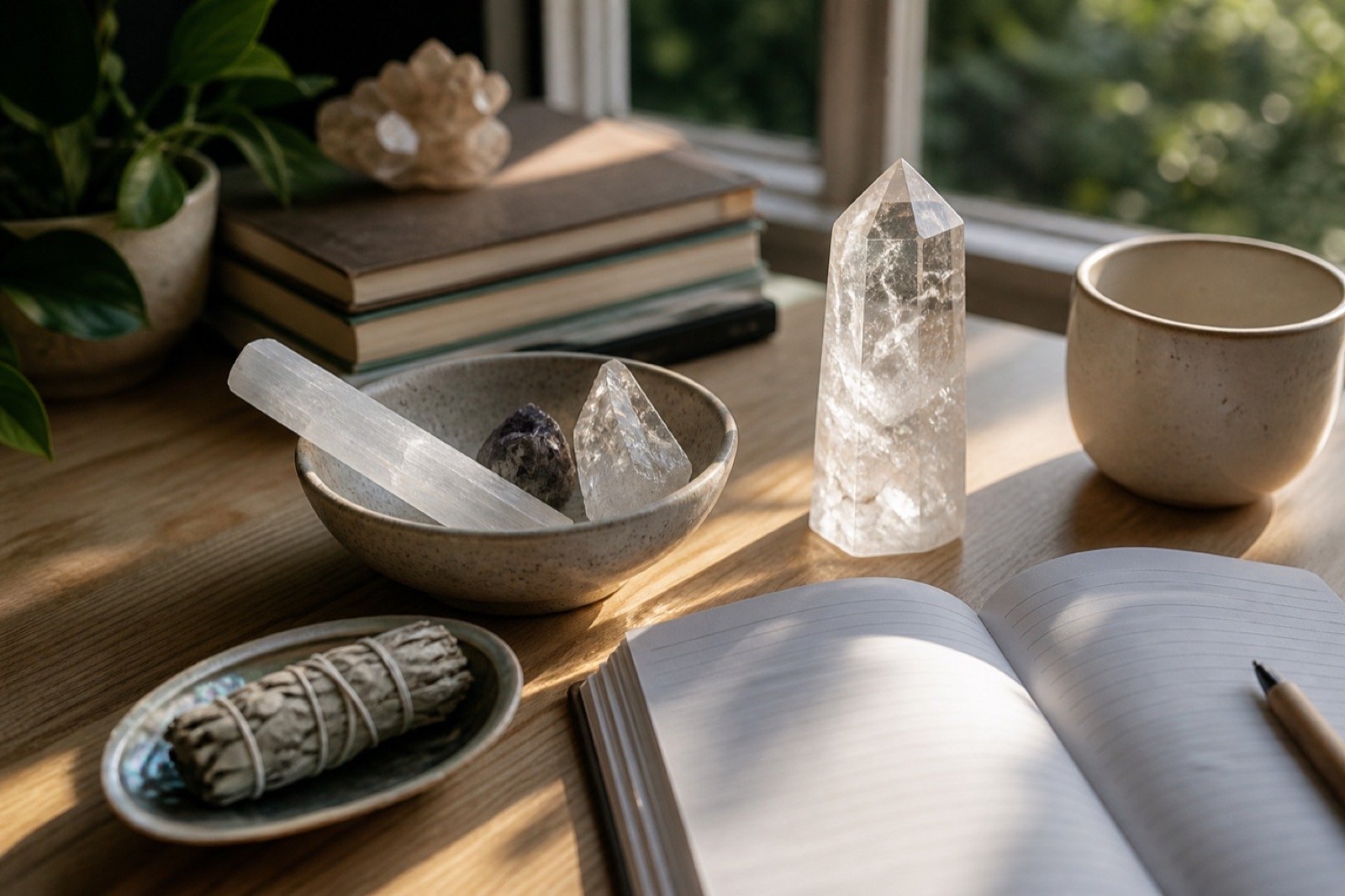 Realistic one-crystal weekly routine with journal, tea, and soft home light