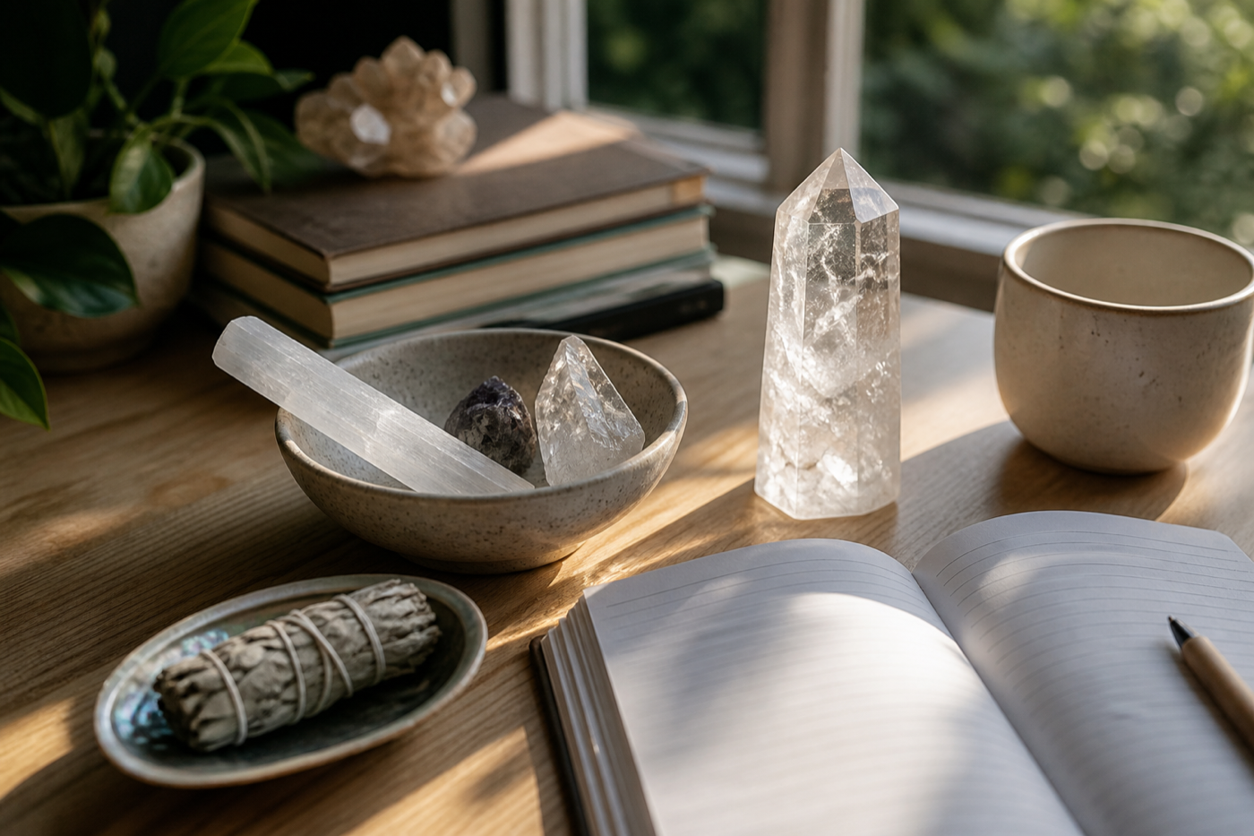 Realistic new crystal setup with clear quartz, selenite, a journal, and morning light on a table