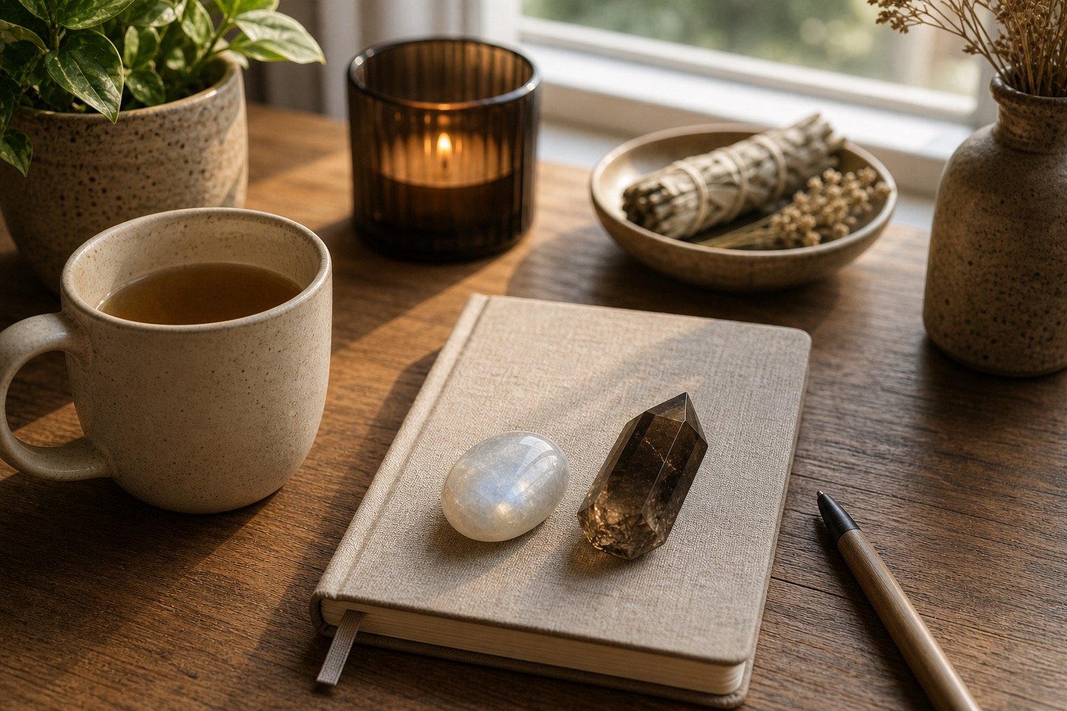 Realistic quiet crystal reflection setup with notebook, moonstone, smoky quartz, and soft home light