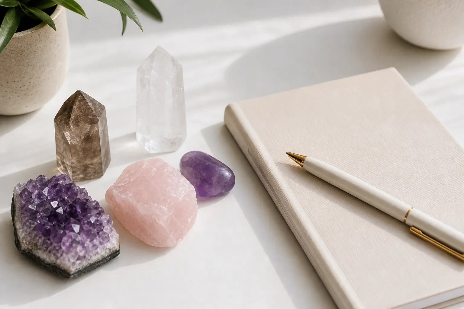 Realistic photo of crystals arranged neatly in a minimal space