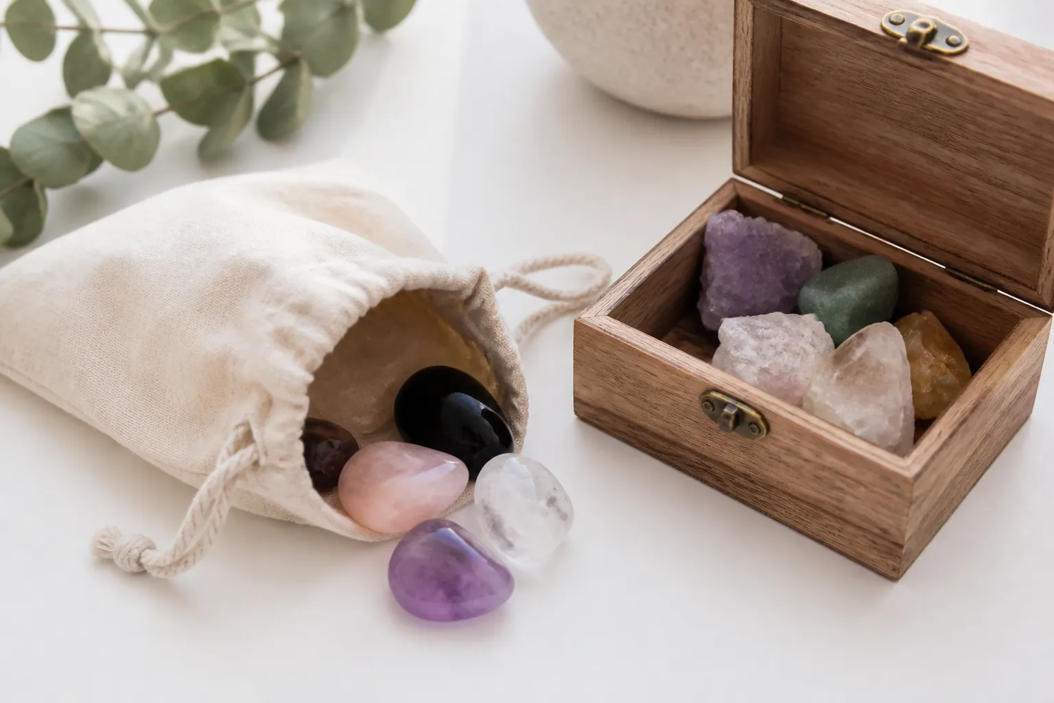 Realistic photo of crystals stored neatly in a soft pouch and a small box