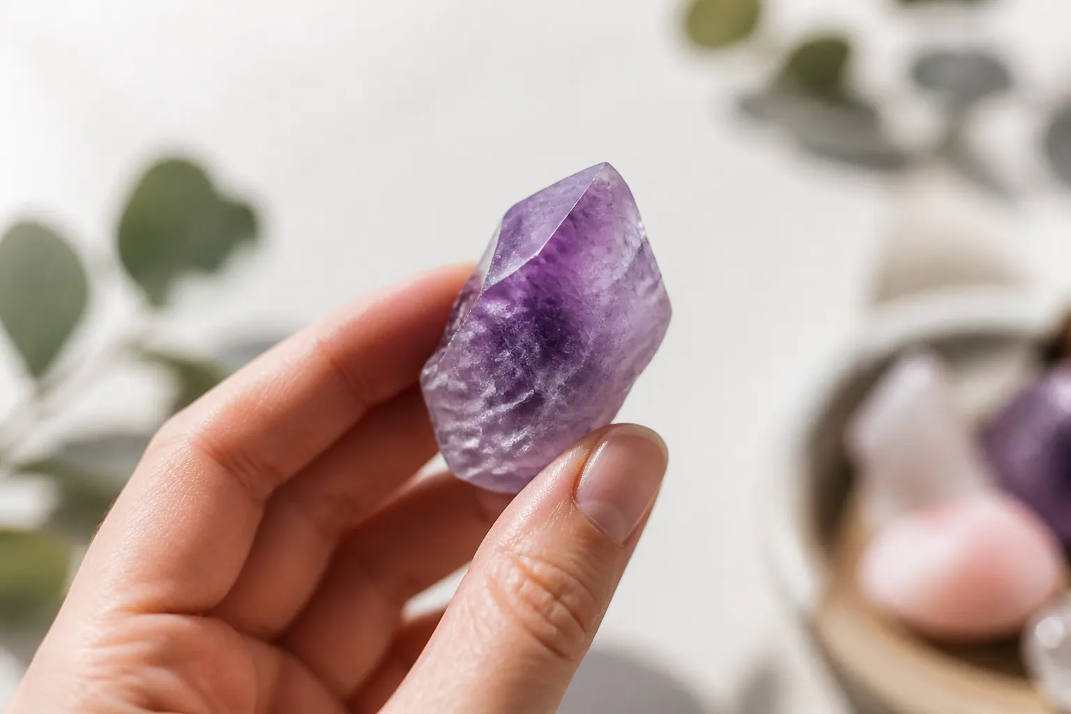 Realistic photo of a hand holding a small crystal in soft daylight