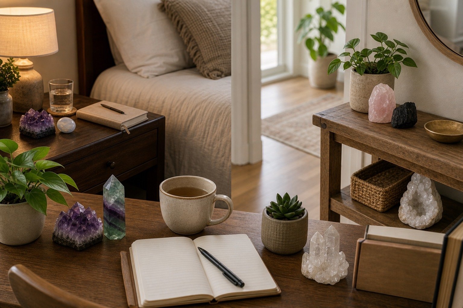 Realistic apartment desk setup with a simple crystal tray and notebook